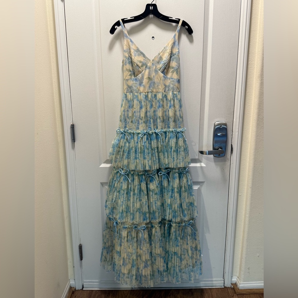 Hutch Watercolor Vining Daffodils Tulle  Dress Colors: Ivory/Sky Size 2 NWT - Picture 2 of 9